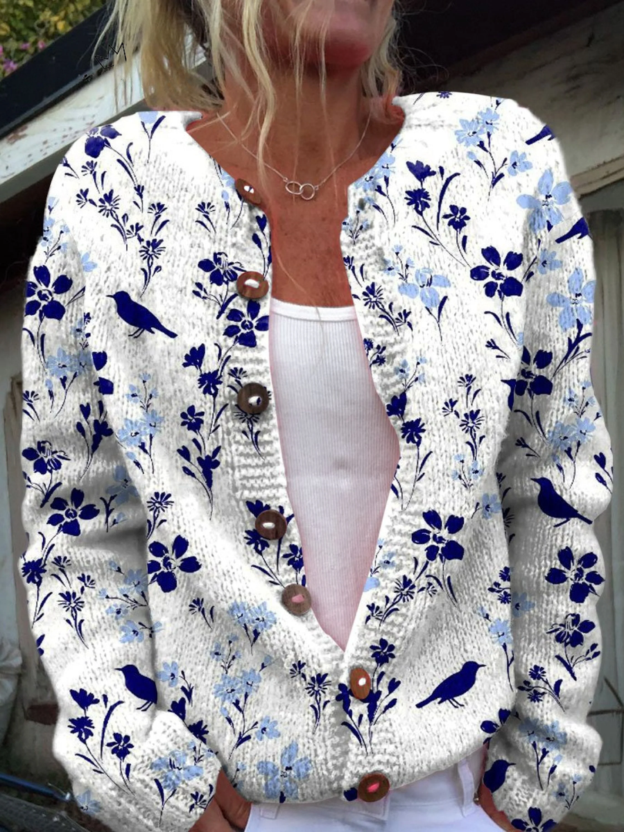 Léa | Cardigan med fåglar och blommor