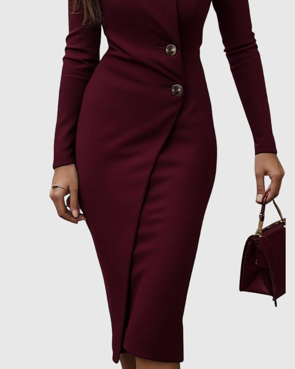 Luned – Burgunder Wrap-Style Knappt Midi Klänning