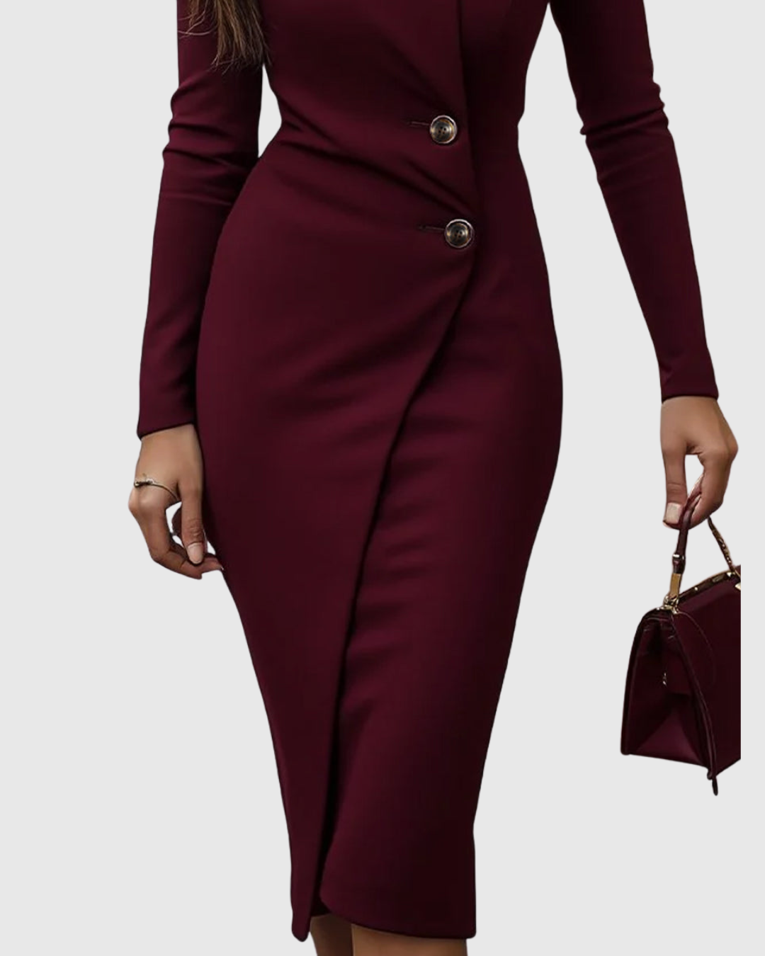 Luned – Burgunder Wrap-Style Knappt Midi Klänning