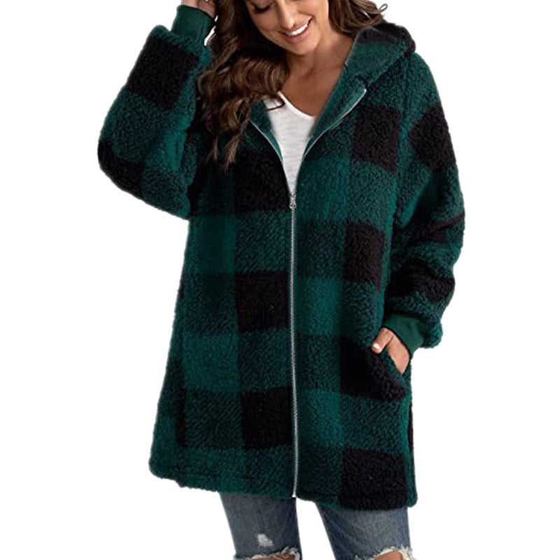 Arabella – Rutig Fleece Långärmad Kappa med Huva