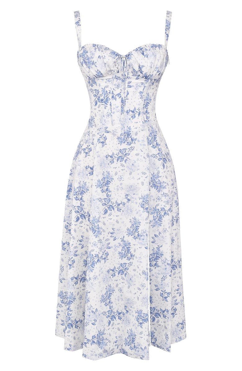 Amelia – Blommig Korsett Midi Klänning med Hjärtformad Urringning